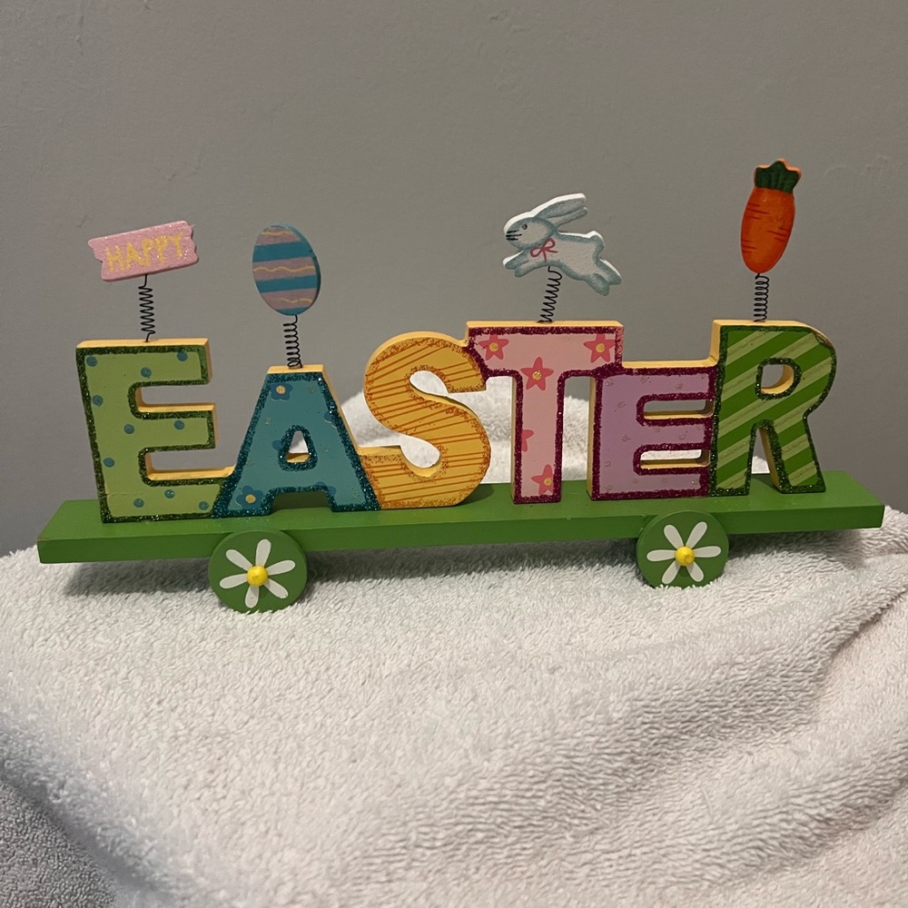 VINTAGE WOOD EASTER SIGN ON WHEELS